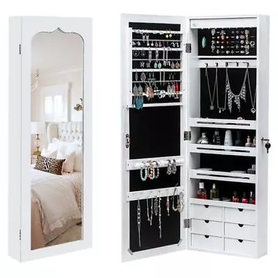 Hanging Jewelry Storage Mirror Cabinet 4-Layer Shelf6 Drawers8 Blue LED Lights • $107.89