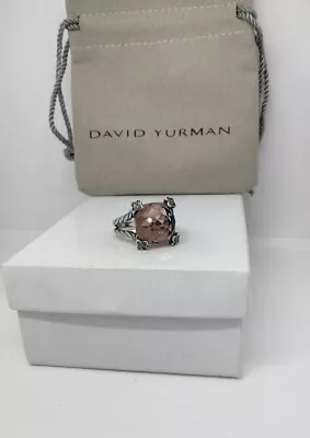 David Yurman Silver Cushion On Point 15mm Morganite  & Diamonds Ring Size 8 • $158