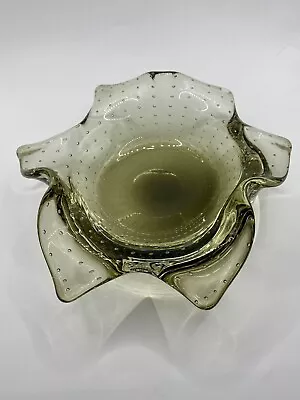 Murano Style Art Glass Bowl Smoky Gray/Green Controlled Bubbles 7 Inches • $20