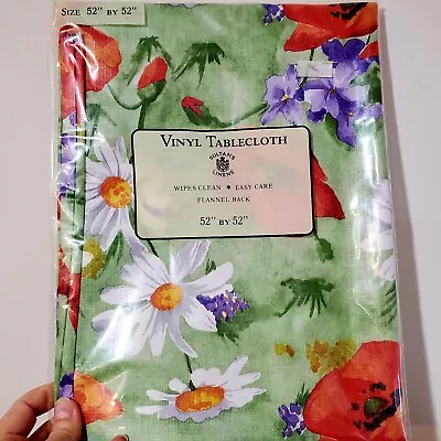 Vintage Sultan's Linens Flannel Back Vinyl Tablecloth 52 X52  Poppy Daisy Floral • $15.75