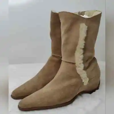 Vintage Y2K Hush Puppies Beige Suede Side Zip Pointed Toe Ankle Boots Size US 8M • $78.99