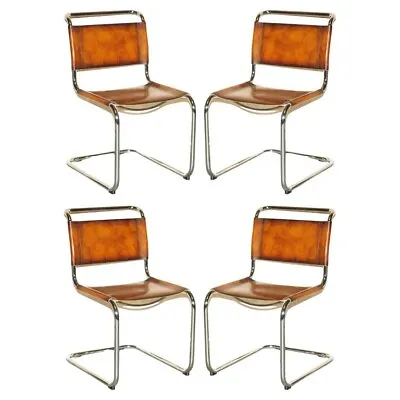 Four Restored Vintage Brown Leather Marcel Breuer B34 Fasem Dining Armchairs 4 • £8000