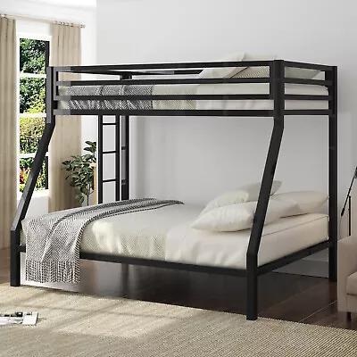 Sifurni Twin Over Full Bunk Bed Frame With Ladder And Guard Rail Matte Black • $237.99