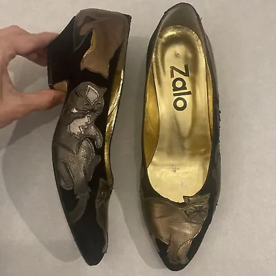 $64.99 • Buy 😺 Vtg Cat Lady Metallic Gold Black Suede Zalo Shoes 80s 70’s Pumps Heels Flat 6