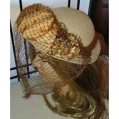 Vintage 30s 40s Cream Straw Hat OrangeBrown Flowers Ribbons Veil Art Deco 21 In. • $49