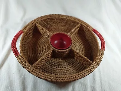 Chip And Dip Set. Woven Basket 12  Rattan Seagrass . Red Bamboo Dip Bowl 3 . • $20.16