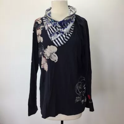 Desigual Size Xl Womens Stretch Rolled Scoop Neck Yes !! Long Sleeve Top Beaded • $24.99