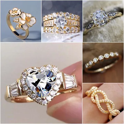 Women Charm Gifts 18k Yellow Gold Plated Rings Cubic Zirconia Jewelry Size 6-10 • $2.88