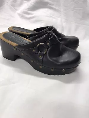 Vintage Y2K Mudd Chunky Faux Leather Mules Black Heels Shoes Women's Sz 8 Buckle • $19