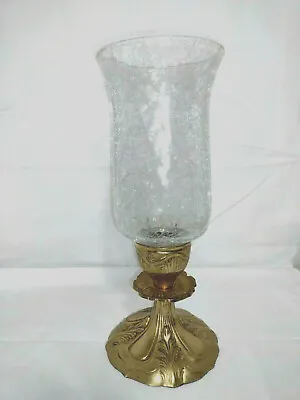 $36.99 • Buy Vintage Brass Candle Holder Clear Crackle Glass Chimney Hollywood Regency 