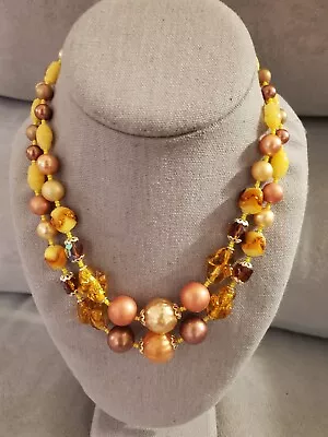 Vintage 2 Strand Yellow & Orange Beaded Necklace • $14