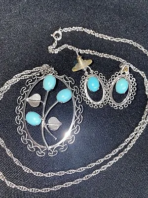 Van Dell STERLING Silver Set Blue Turquoise Filigree Necklace Earrings Stones • $45