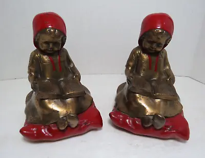 Antique Vintage Metal K & O Little Girl Sitting Reading Pair Bookends Red Hood • $99.99