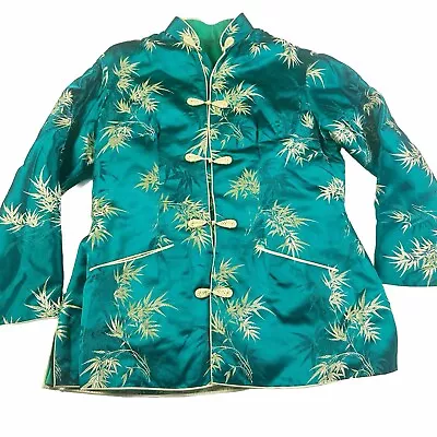 VINTAGE ASIAN CHINESE Silk Jacket Small Medium Embroidered Green Mandarin • $34.77