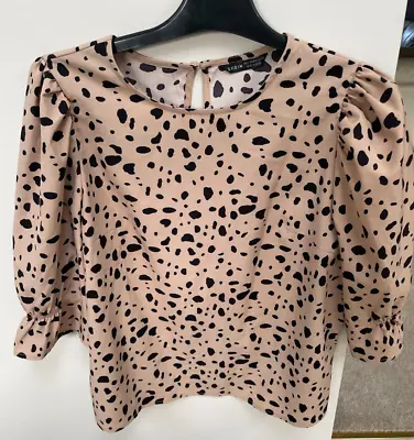 Ladies Dalmation Print Keyhole Back Blouse Brown/Black Size Large 12/14 • £4.99