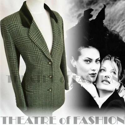 £275 • Buy JACKET TWEED 10 12 14 VELVET VINTAGE RIDING COAT 40s HOUNDSTOOTH OLIVE 30s 50s 