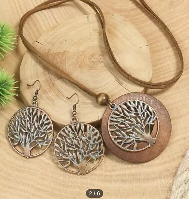 Bronze /wood Tree Of Life Necklace And Earrings Set • £5.99