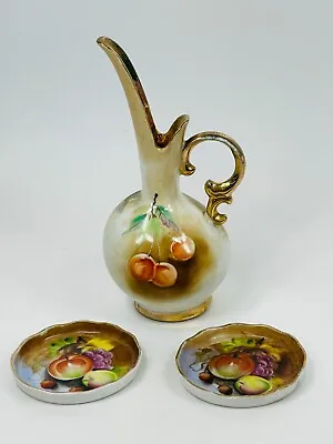 Vintage Small Gilded Hand Painted Pitcher With Two Small Plates - Good Condition • $30