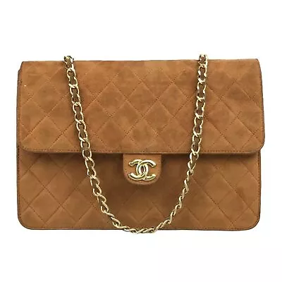 Chanel Vintage Shoulder Bag Brown Suede Matelasse CC Logo *Authentic* • $992.86