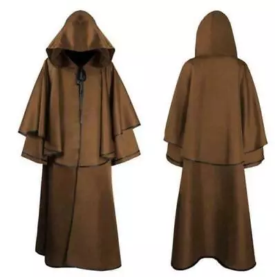 Mens Medieval Hooded Long Robe Cloak Monk Cosplay Costume Poncho Coat Halloween • $34.19