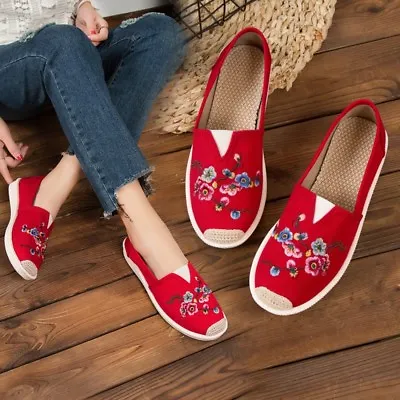 £3.04 • Buy Womens Chinese Style Embroidered Pattern Loafers Casual Canvas Flat Heels Shoes