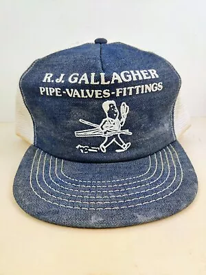 Vintage USA MADE Denim RJ Gallagher Company Puffy Trucker Hat Snapback Cap • $25
