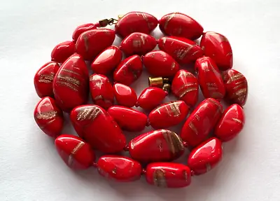 Vintage Jewellery Red & Bronze Swirl Murano Glass Bead Restrung Knotted Necklace • £24