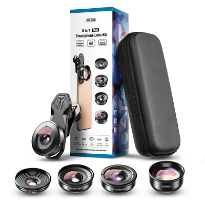 APEXEL 5in1 HD Phone Camera Lens Kit Fisheye Wide Angle Macro For IPhone Samsung • £43.99