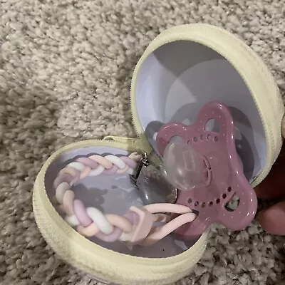 Silicone Pacifier Clip With Mauve Color Mini Man And Gray Zipper Case • $5.99