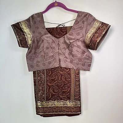 Vtg Indian Saree Choli Dress Top Set Med Mauve Burgundy Silk Paisley Gold Pallu • $39.95