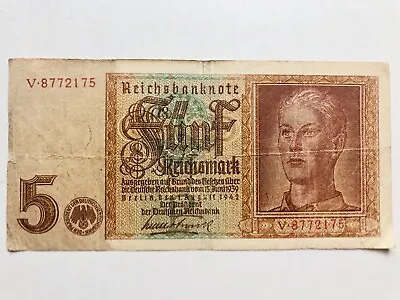 1942 Germany  Aryan Teen 5 Reichsmark  5 Mark Banknote 7 Digit V 8772175 • $12