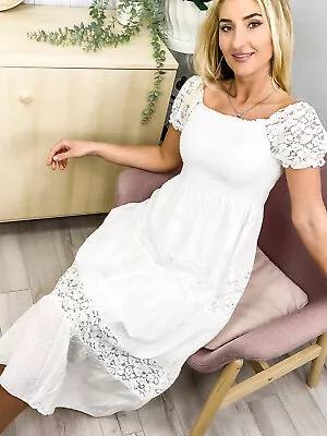 Women Summer Casual Off Shoulder Boho Lace Semi Sheer Smocked Maxi Long Dress • $29.99