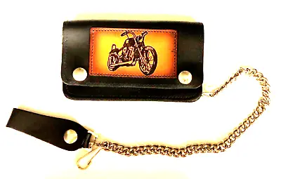VTG Black Leather Chain Biker Wallet Brown Motorcycle Embossed Leather Patch • $36.99