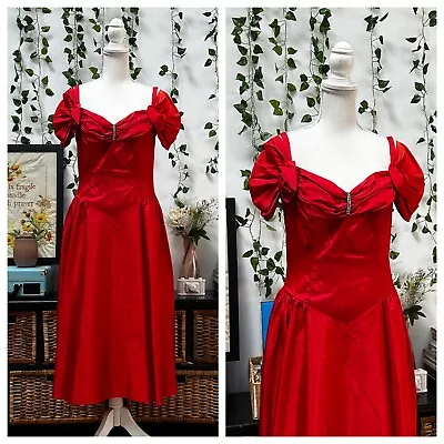 Vintage 80s Prom Party Dress Red Satin Puff Sleeves Rhinestones New Wave M/L • $54.99