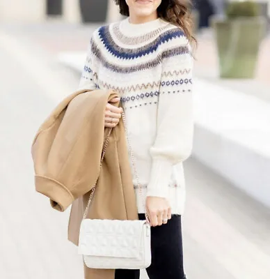 J. Crew Women's Small Fair Isle Pouf Wool Sweater Pullover Top Cream Alpaca • $19.99