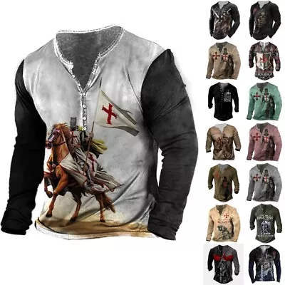 £14.99 • Buy 3D Print Mens Long Sleeve Henley Shirt Casual Vintage Baggy Button T Shirt Tops
