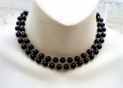 Vintage 14K Gold 8.25MM-8.75MM Black Onyx Beads Beaded NECKLACE 29.5  53 Grams • $247.95