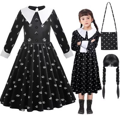 Kids Girls Wednesday The Addams Family Costume Fancy Dress Up Cosplay Party Gift • £6.66