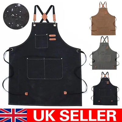 Mens Unisex Canvas Denim Bib Apron Kitchen Cooking Workshop Washable Work Apron. • £7.99