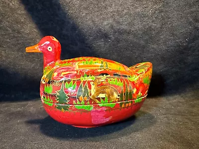 Vintage Hand Painted Kashmir Red Lacquer Paper Mache Duck Trinket Box • $25