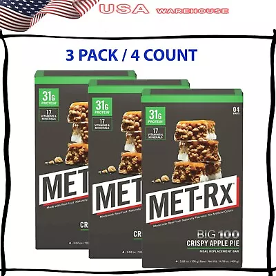 3 Pack MET-Rx Big 100 Protein Bars Crispy Apple Pie Meal Replacement Bars 4 Ct • $23.54