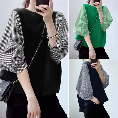 Womens Quarter Sleeve O-Neck Tops Plaid Patchwork Casual Loose Shirt Blouse Plus • $30.42