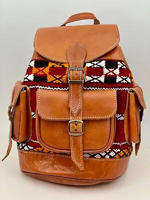 Handcrafted Moroccan Leather Bag Backpack Boho Chic Kilim Carpet Rug Small • $59.99