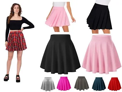 Women's Skater Mini Skirt Flared Elastic Waist Ladies Plain Stretchy Skirt • £9.99