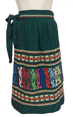 1950s Mexican Embroidered Wrap Skirt Hunter Green Colorful Size Small Rare Find • $128.40