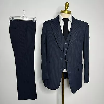 Vtg 3 Piece Aqua Sure Breast Suit Mens Blue Stripe 40R 32W Great Gatsby • $109.99