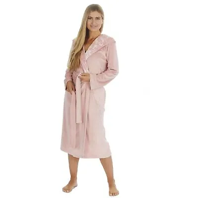 Womens/Ladies Velour Contrast Hooded Robe Dressing Gown Pink Size S-XL • £26.95