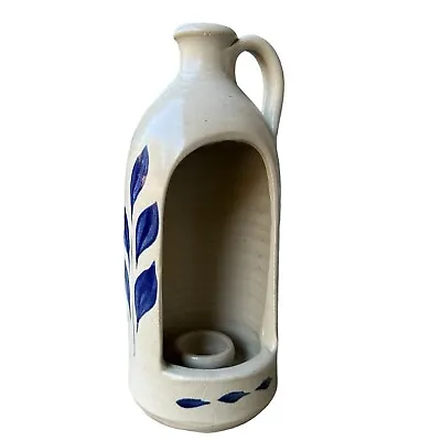 Williamsburg Pottery Jug Candle Holder Leaves Design Cobalt Blue Salt Glaze 8.5  • $13.99