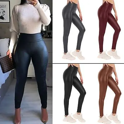 Womens Ladies Wet Look Leather High Waist Shiny Leggings Stretch Pant Trouser • $11.80