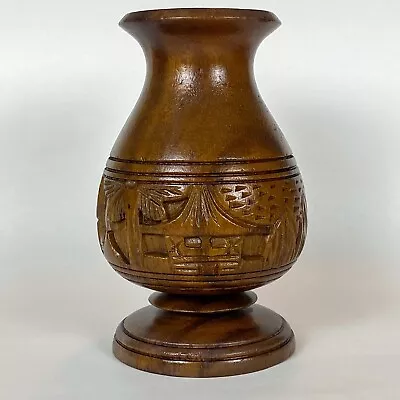 Vintage MCM Hand Crafted Wooden 6” Vase Philippines Pedestal Monkey Pod Wood • $26